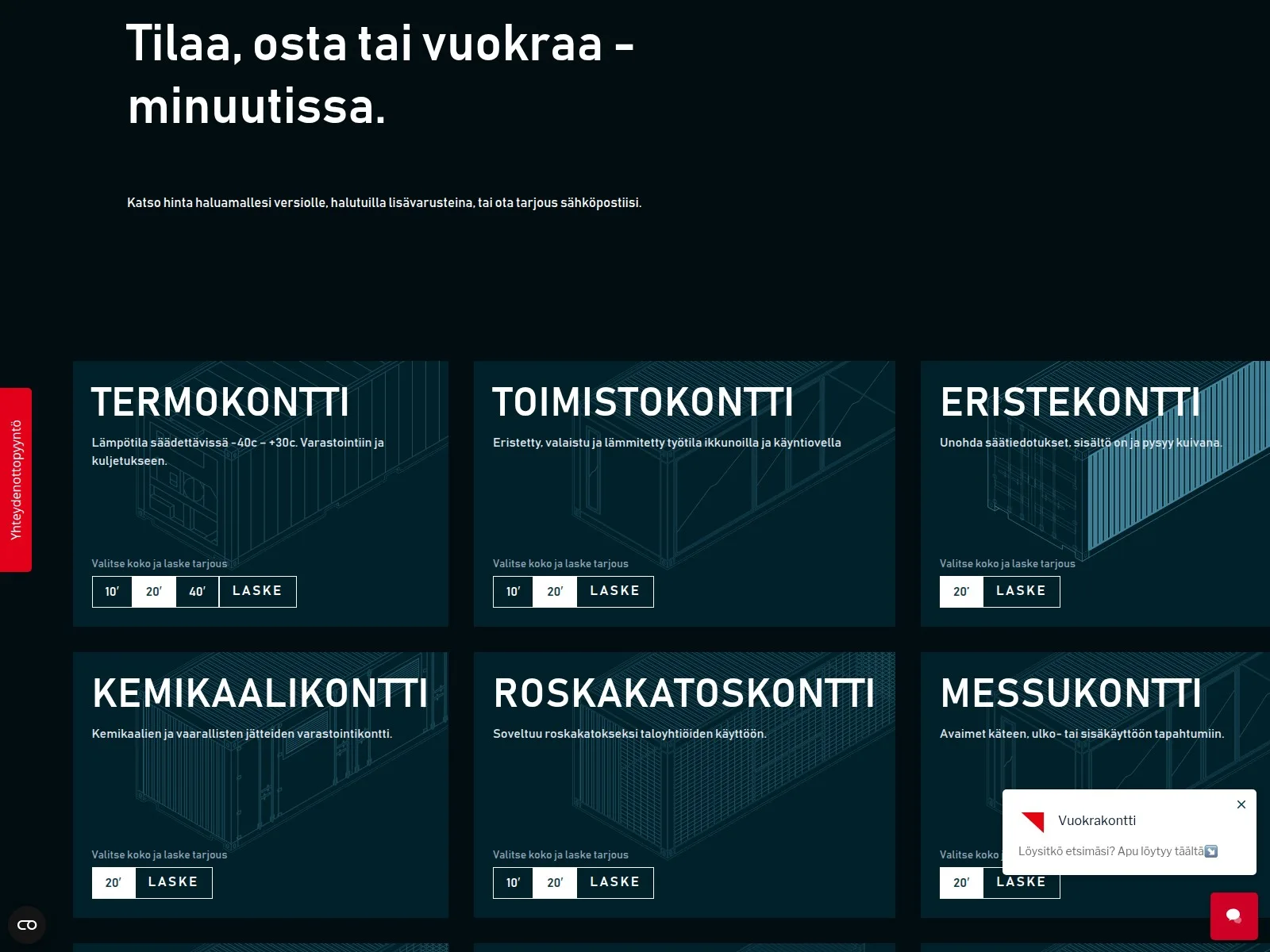 Vuokrakontti: näkymä sivustolta