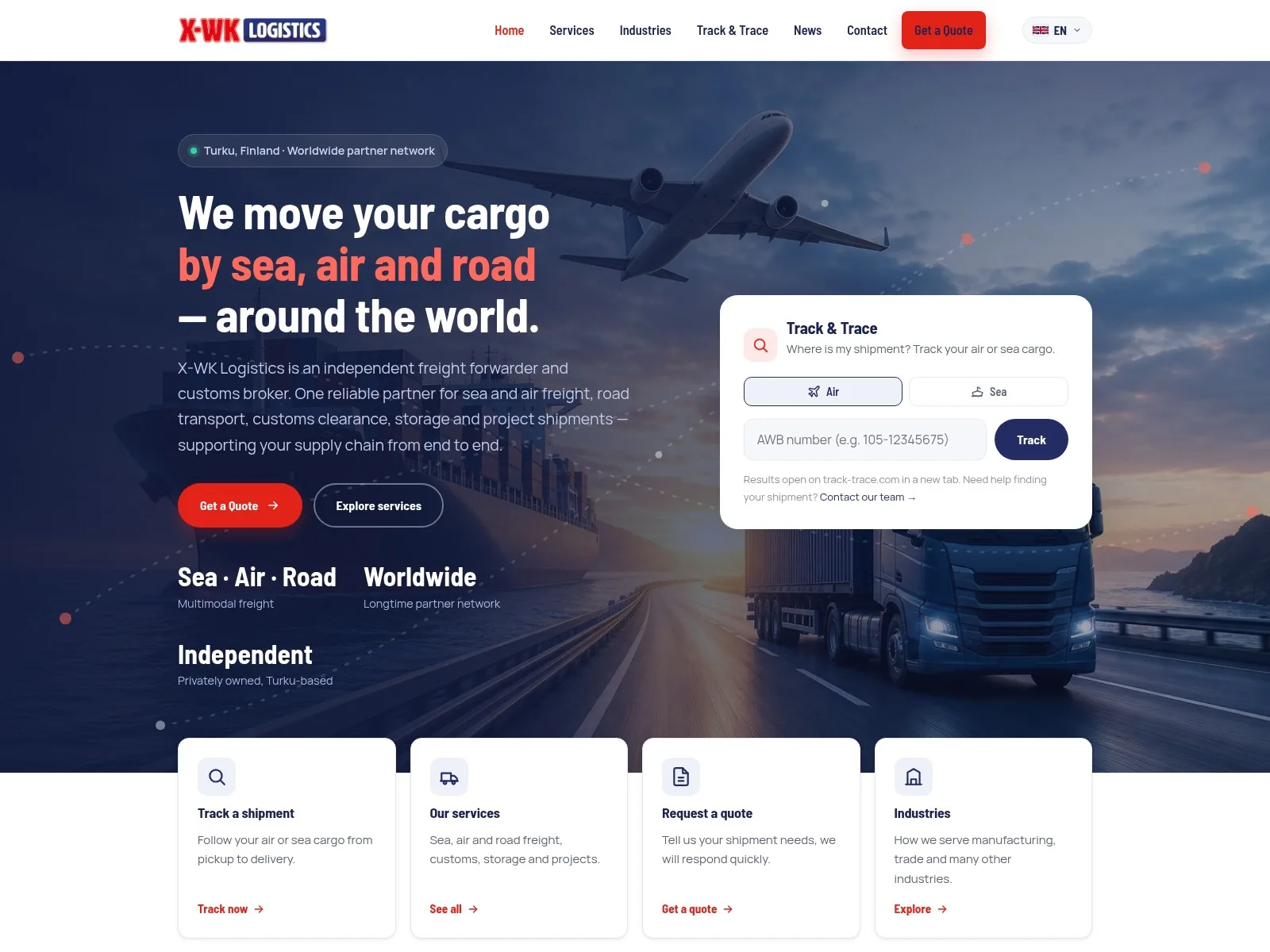 X-WK Logistics: Huolitsijan sivusto, jossa rahdin seuranta ja tarjouspyyntö verkossa